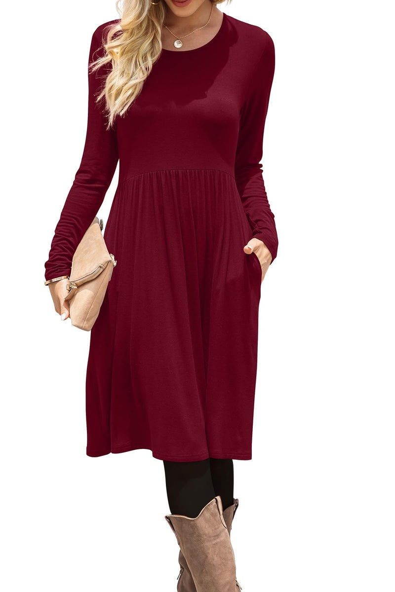 DB MOON Women Casual Long Sleeve Dresses Empire Waist Knee Length Loose Dress with Pockets (Wine Red, S) - Image 1